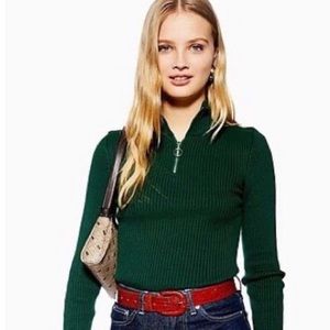 Topshop Ribbed Green Half Zip Mock Neck Sweater
